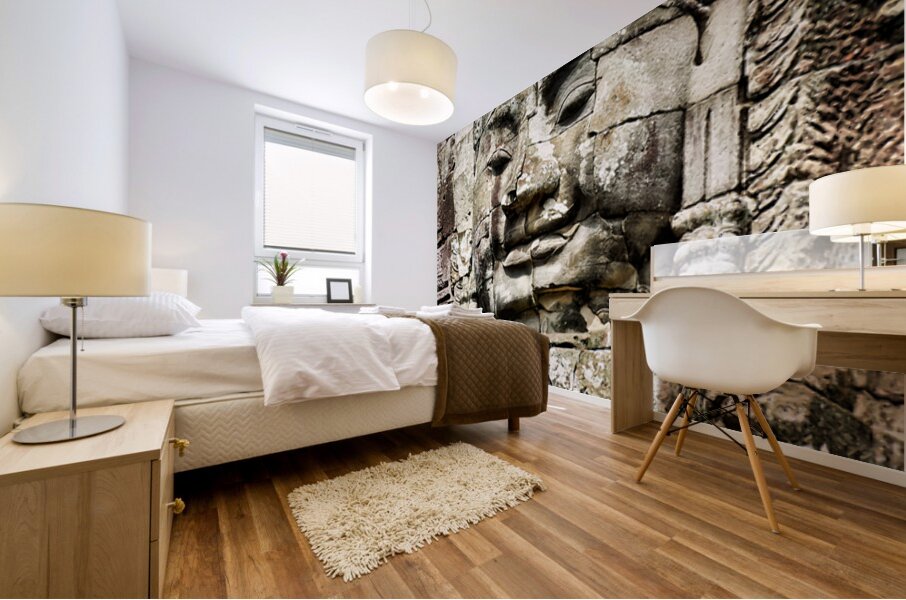 Serene stone face carving Bayon temple Angkor. Mural print