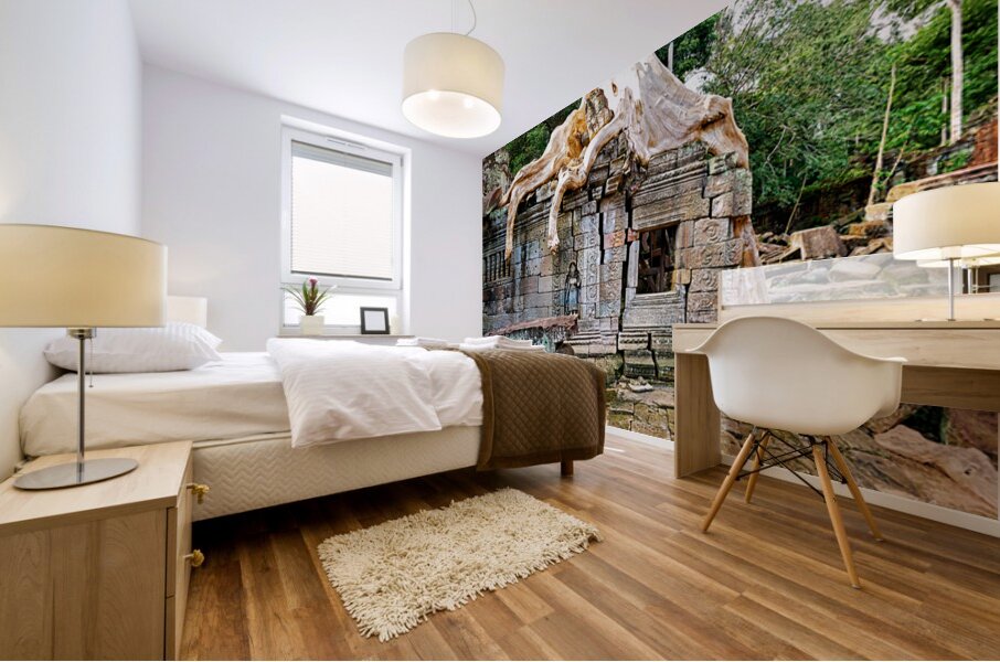 Massive tree roots engulf ancient stone temple ruins. Mural print