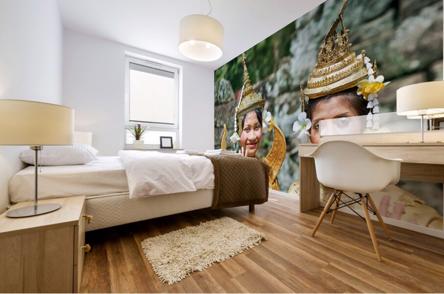 Cambodian dancers in golden attire and elaborate headwear. Mural print