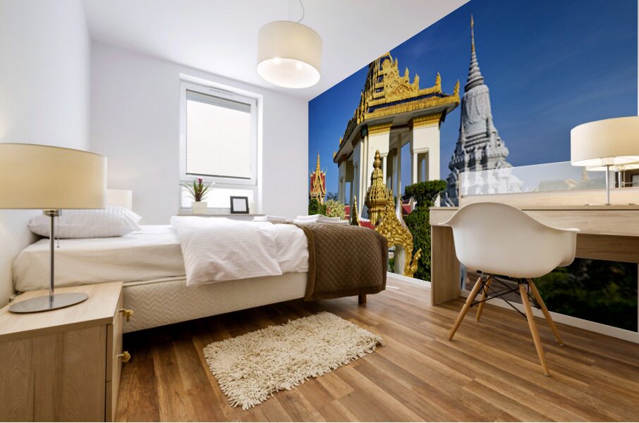 Golden temples and a grey stupa under a clear blue sky. Mural print