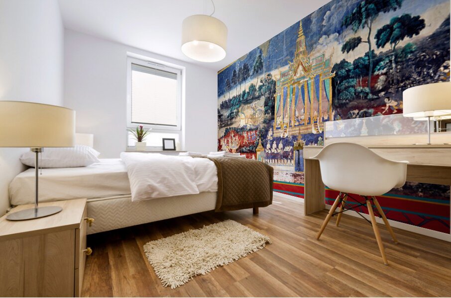 Ancient mural depicting temple figures and scenes of life. Mural print