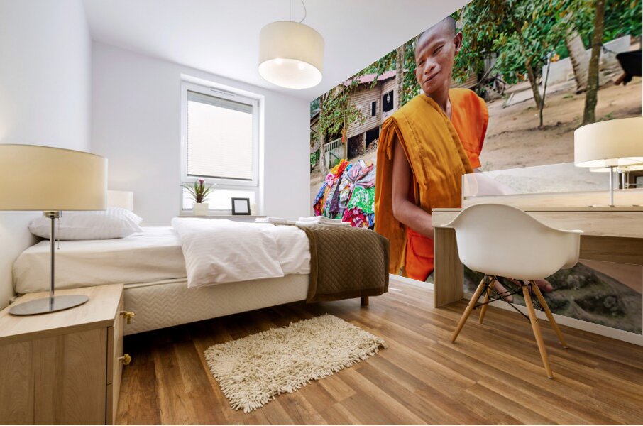 Monk with colorful textiles on a motorcycle. Mural print