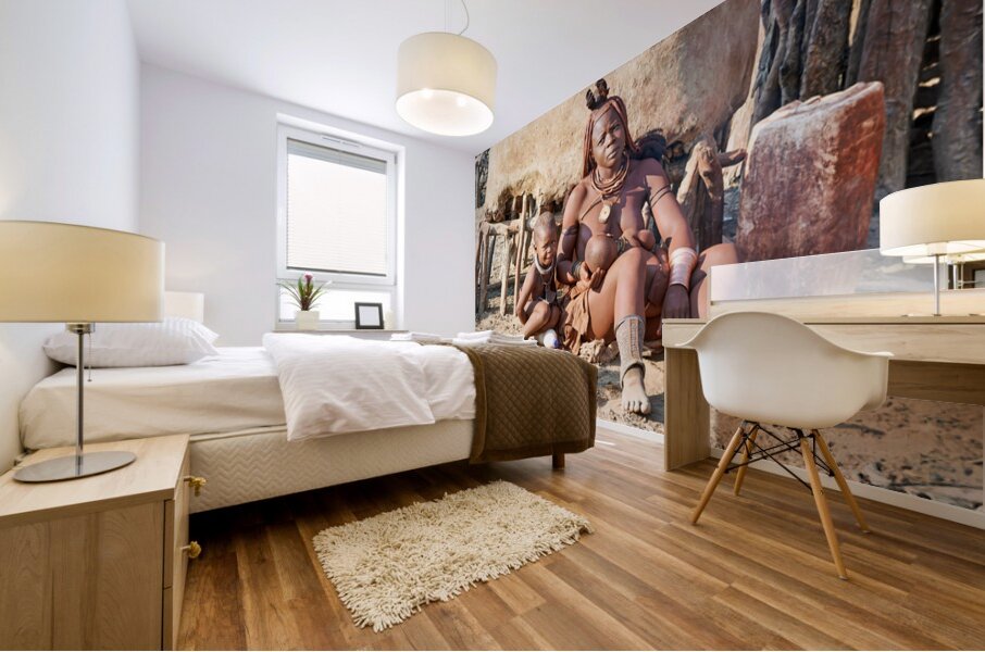 Mother and son in Himba village in Kunene Region of Namibia Mural print