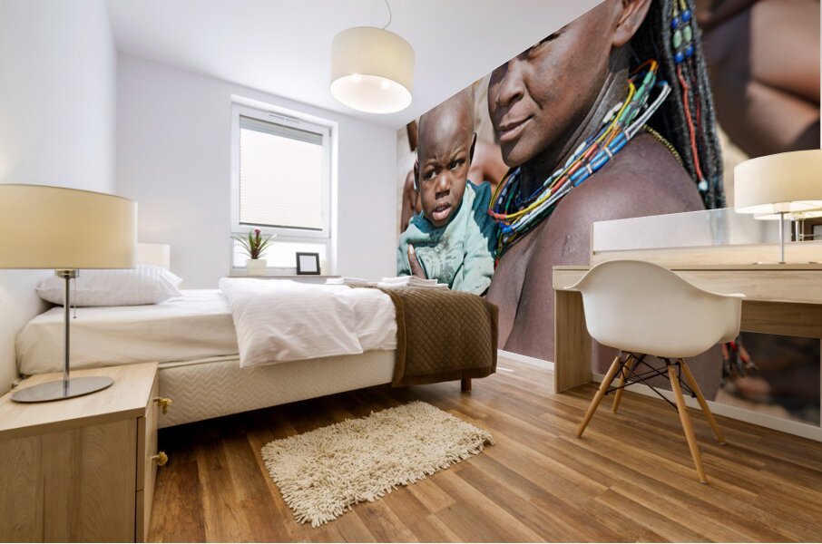 Portrait of young Zemba woman holding child in Kunene Region Mural print