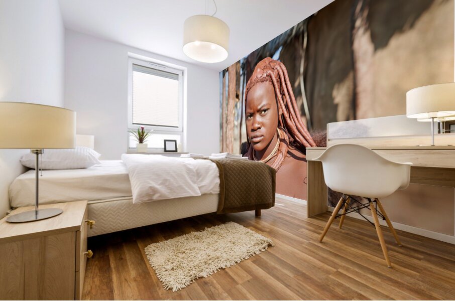 Traditional hair headdress of a woman in Himba village of Namibi Mural print