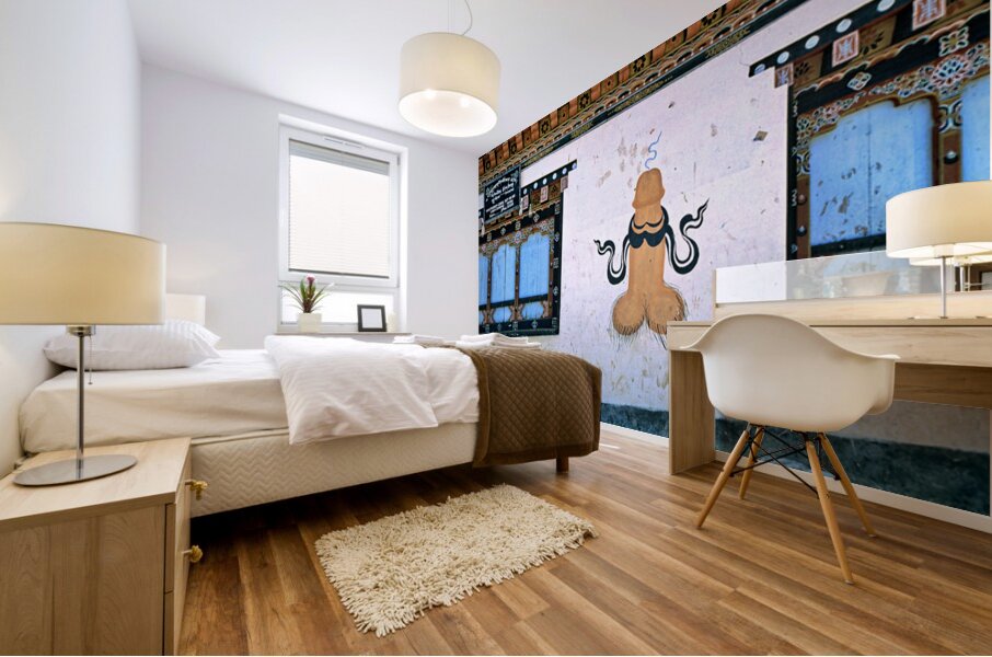 Phallus painting on a building wall with windows and shop sign. Mural print