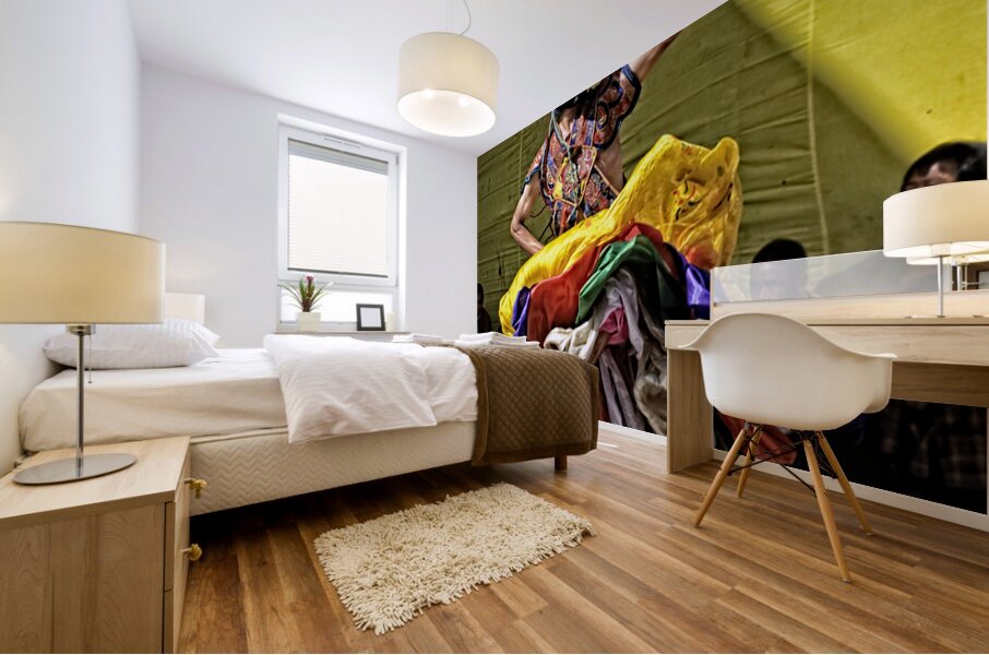 Vibrant masked dancer performs traditional dance. Mural print