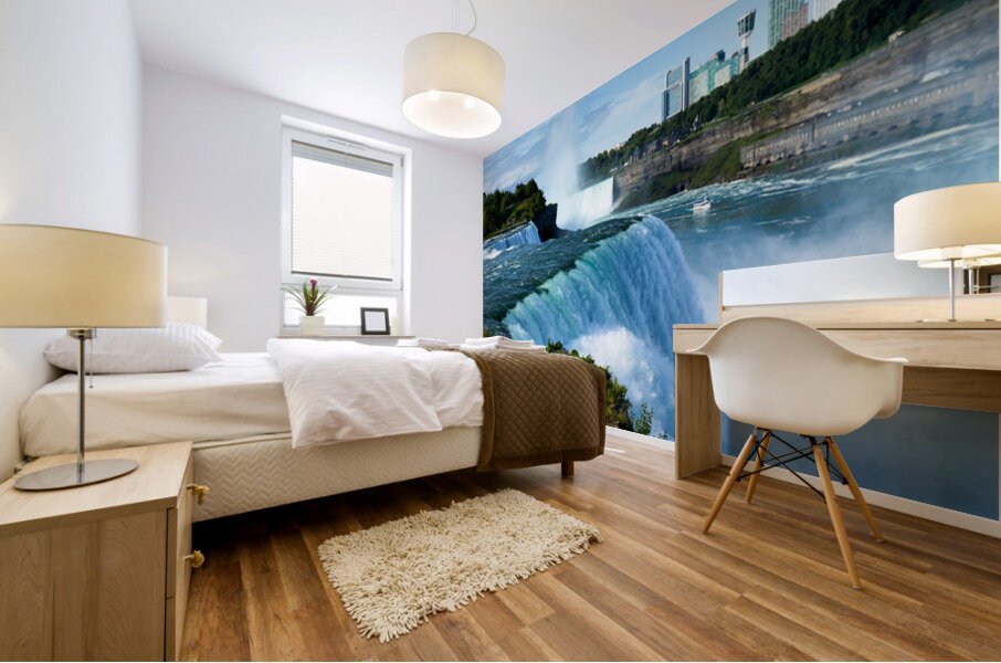 Niagara Falls with city skyline and boat. Mural print