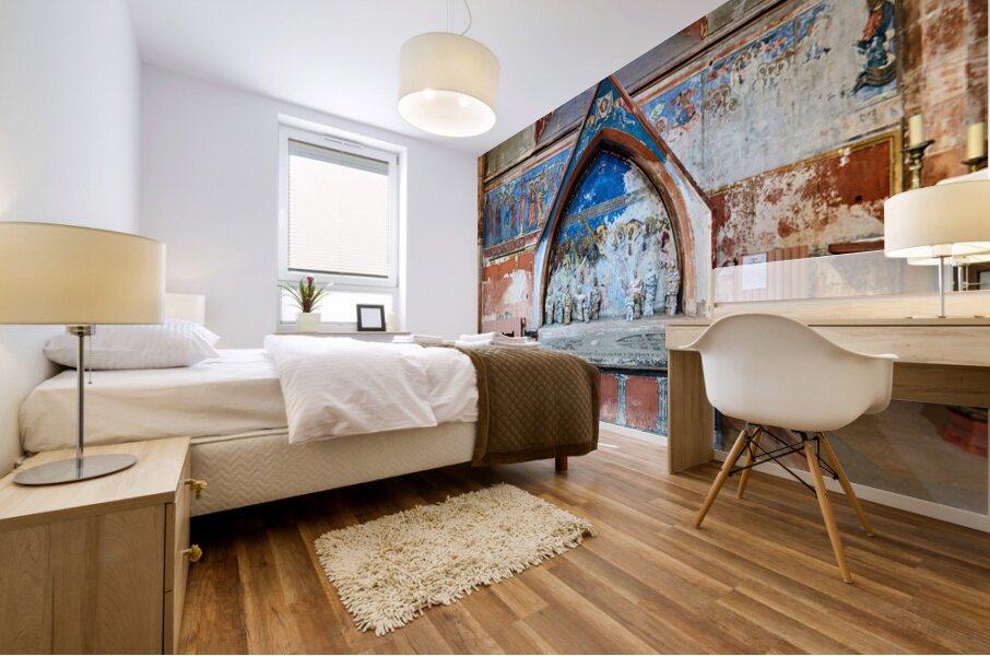 Old wall art and stone altar inside Saint Pierre le Jeune church Mural print