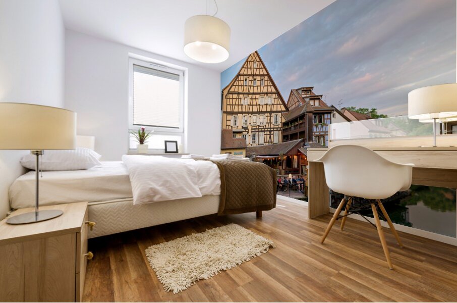 Dining by the canal in Colmar with timber framed houses in view Mural print