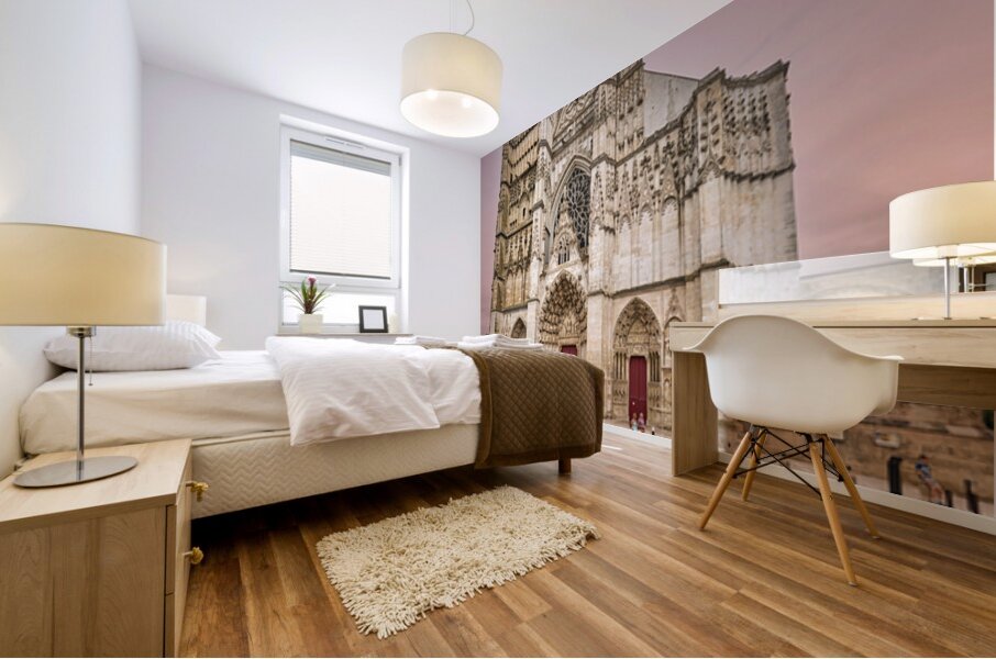 People walk near Auxerre Cathedral Saint Etienne Mural print