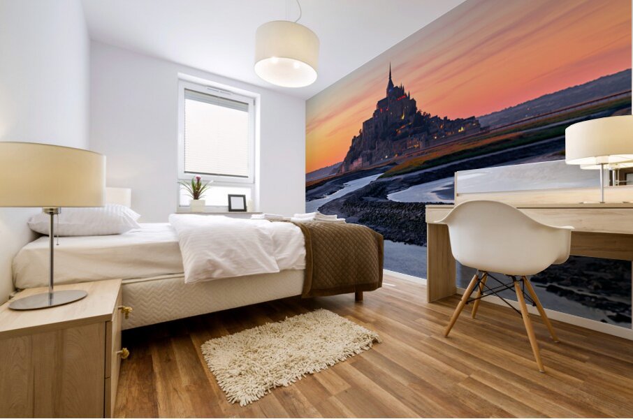 Mont Saint Michel in Normandy at dusk with river and landscape Mural print