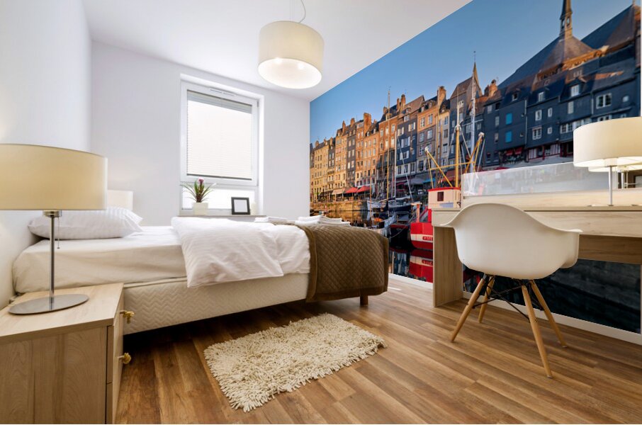 Sunrise at Honfleur harbour in Normandy France with reflections Mural print