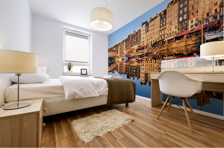 Sunrise view of Honfleur harbor in Normandy France with reflect Mural print