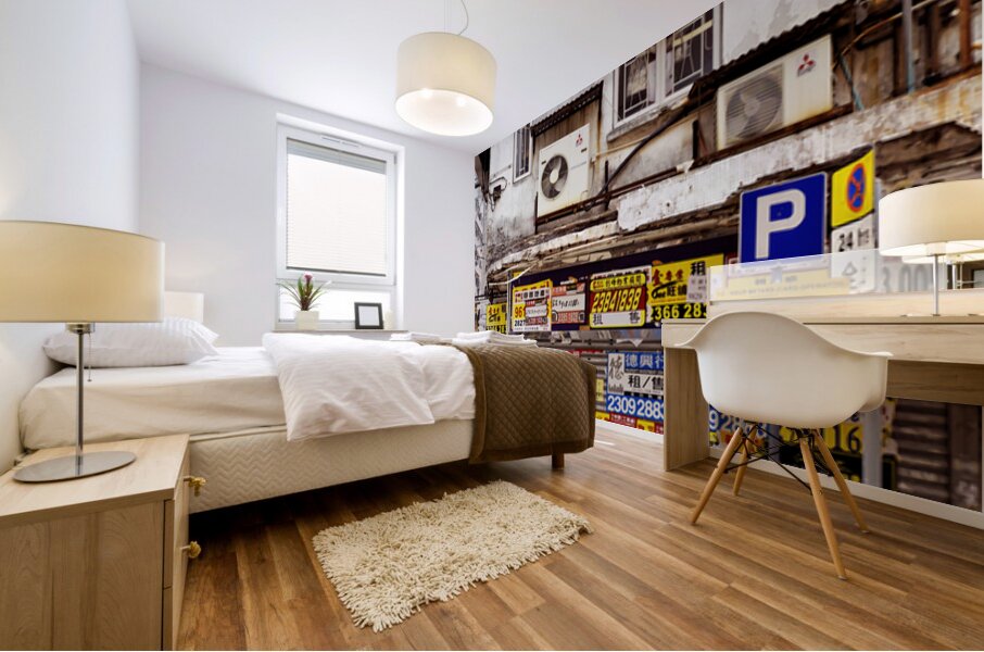 Busy street in Hong Kong shows old building and pedestrians Mural print