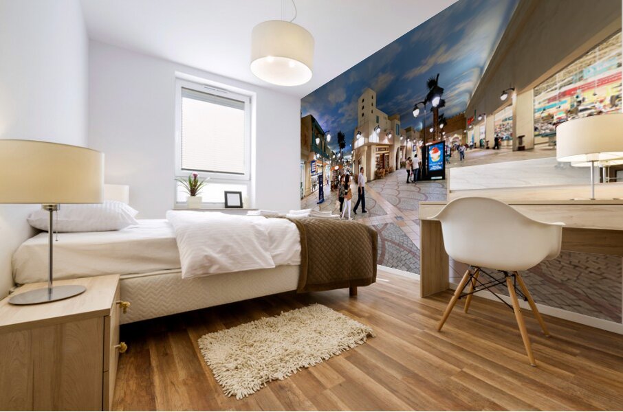 Shoppers stroll through a mall mimicking Dubais outdoor streets Mural print