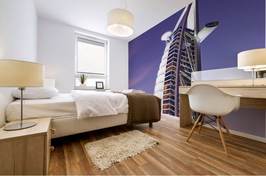 Burj Al Arab hotel illuminated at dusk in Dubai UAE Mural print