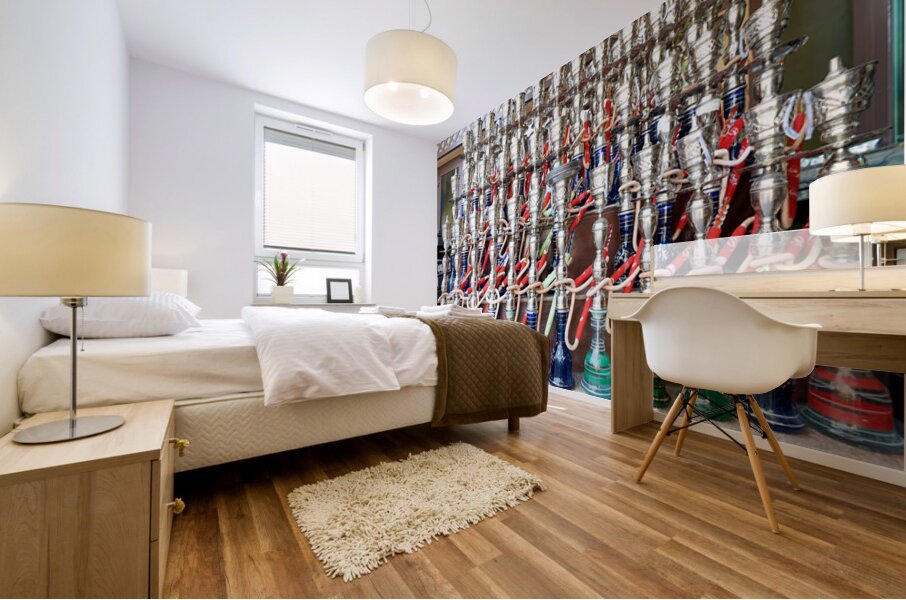 Display of hookahs for sale in Dubai cafe with many options Mural print