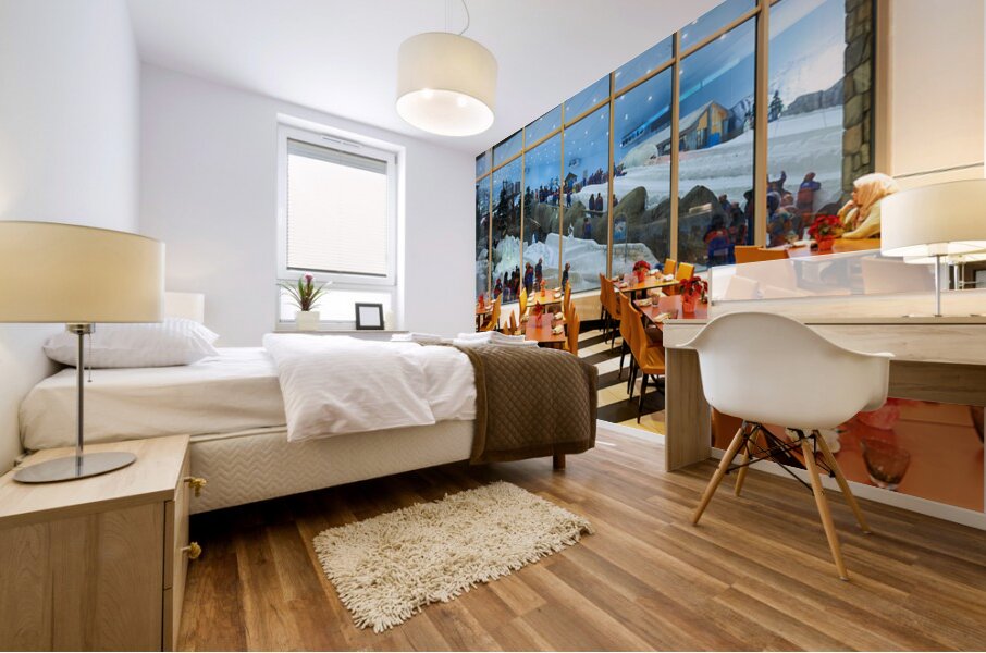 Restaurant offers view of snow activities at indoor park in Duba Mural print