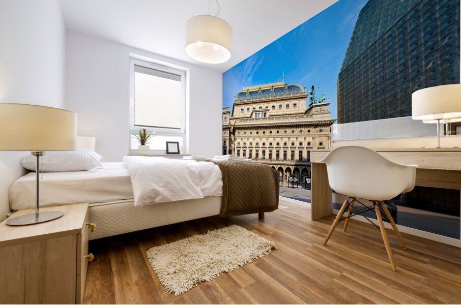 Pragues National Theatre and modern architecture contrast under Mural print