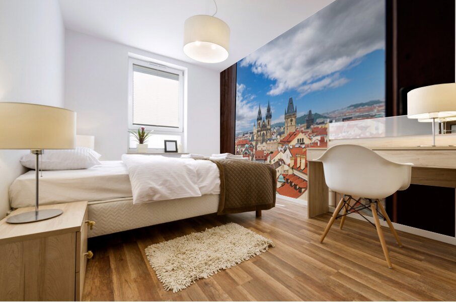 Prague cityscape from window Tyn Church red roofs. Mural print