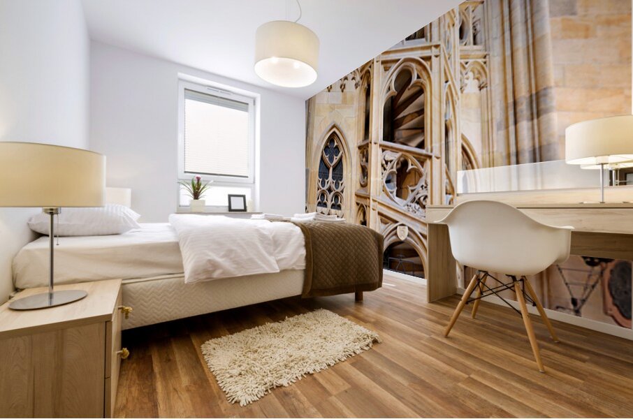 Ornate Gothic spiral staircase and architecture. Mural print