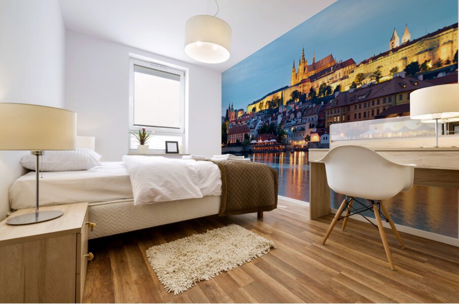 Prague cityscape at night with castle and river reflections. Mural print