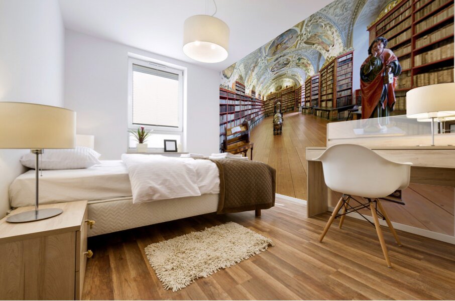 Vast ornate library with countless books painted ceiling and  Mural print