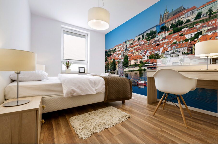 Pragues iconic Charles Bridge Vltava River and historic city  Mural print