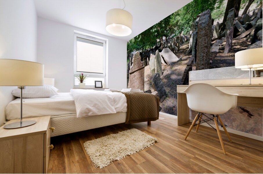 Ancient Jewish cemetery with weathered gravestones and trees. Mural print