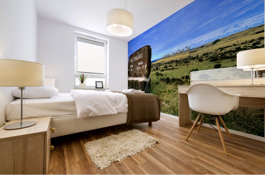 Easter Islands Ahu Tongariki Moai statues and directional sign. Mural print