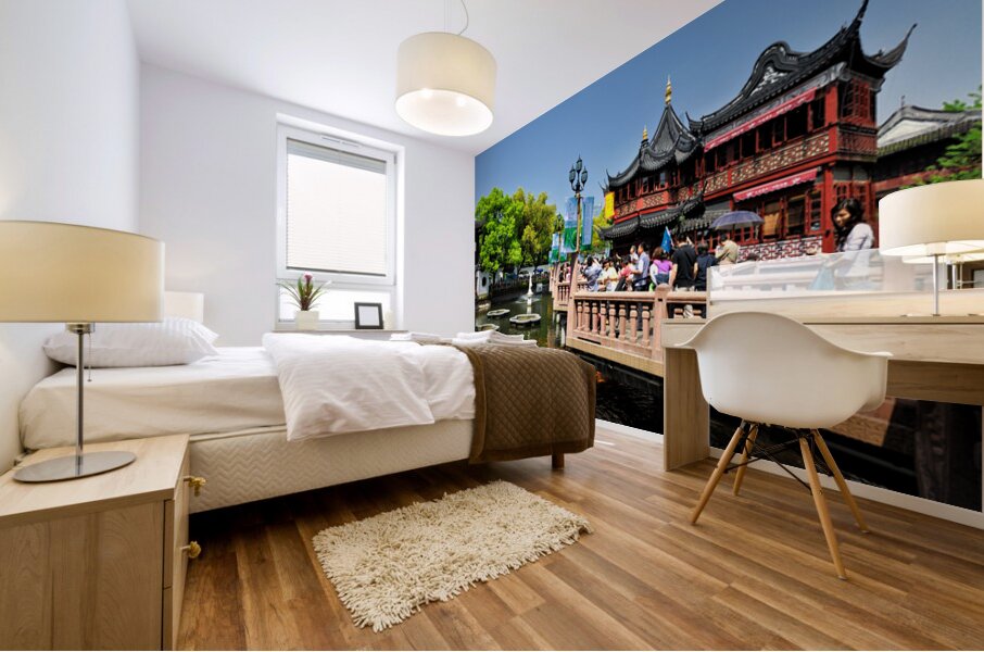 Vibrant Chinese garden with koi pond and visitors in Shanghai Mural print