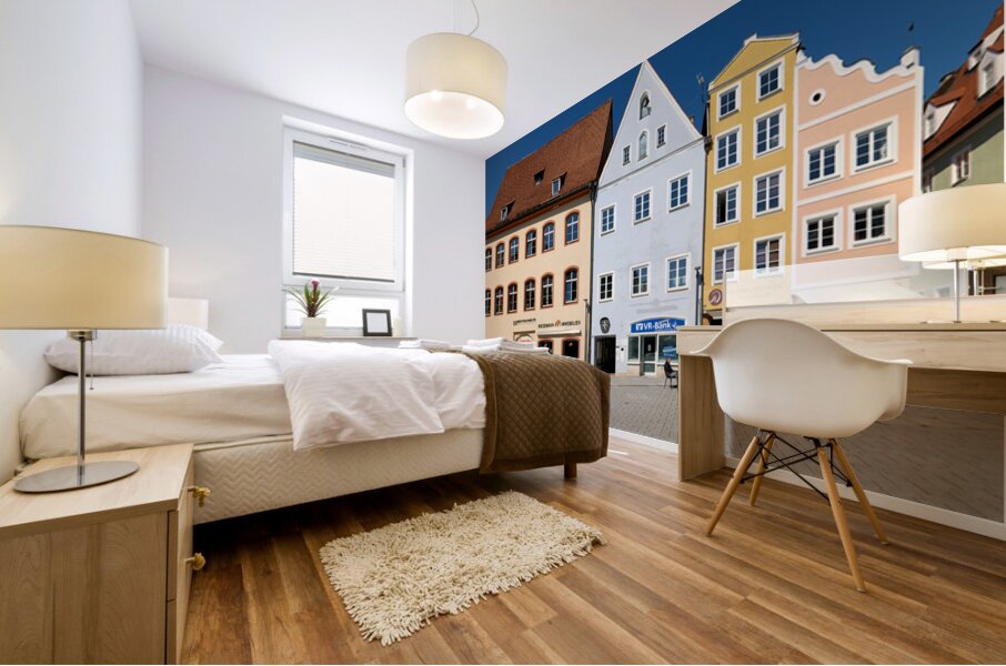 Visitors enjoy main square of Landsberg am Lech in Bavaria Germa Mural print