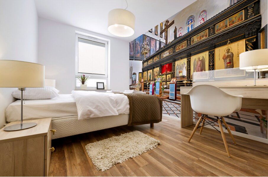 Orthodox Church interior in Jerusalem with icons and decorations Mural print