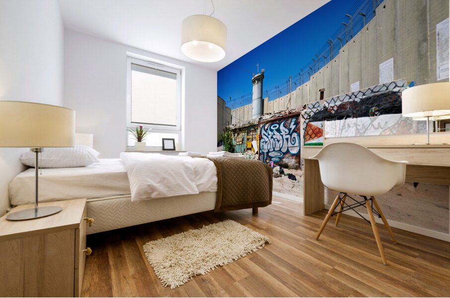 View of the west bank separation wall in Bethlehem with graffiti Mural print