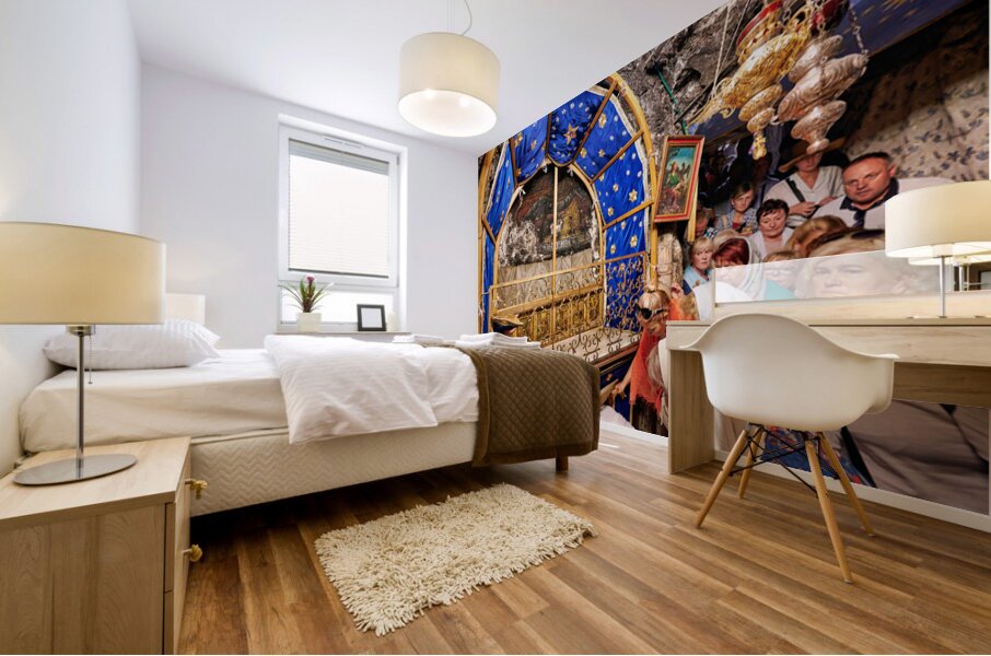 Visiting grotto of nativity in Bethlehem Jerusalem during the d Mural print