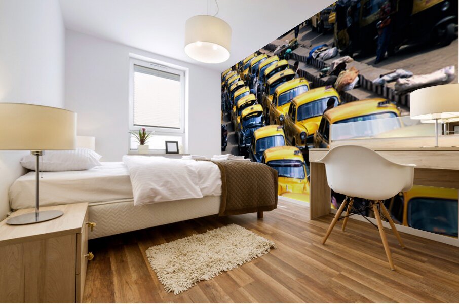 Taxi parking in Kolkatas busy streets during daytime Mural print