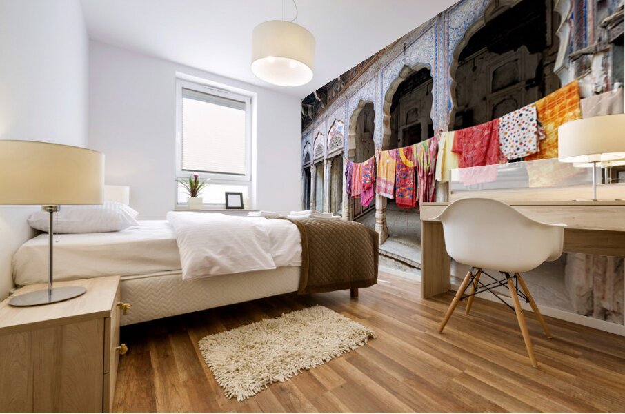 Decorated painted houses and colorful clothes in Mandawa Rajasth Mural print