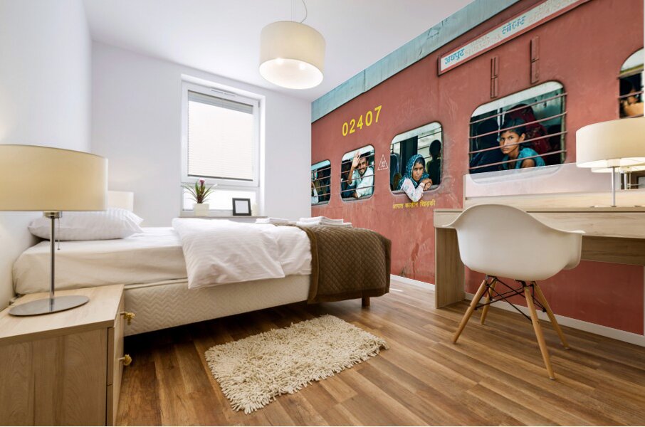 People travel on a train in Rajasthan India during the day Mural print