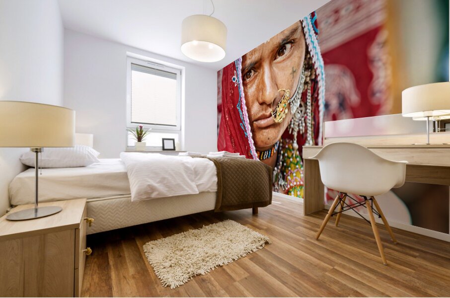 Portrait of a woman in traditional dress from Jaisalmer India Mural print