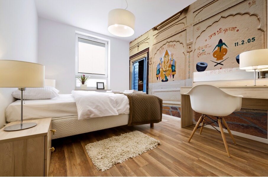 Decorated painted house in Jaisalmer Rajasthan shows local art Mural print