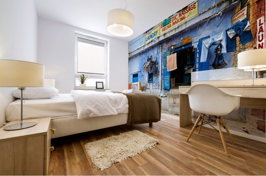Bundi house showcasing local businesses and laundry Mural print