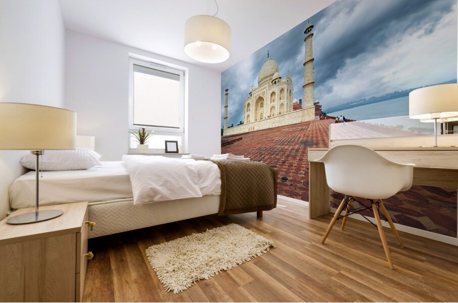 Taj Mahal in Agra during cloudy weather with empty courtyard Mural print