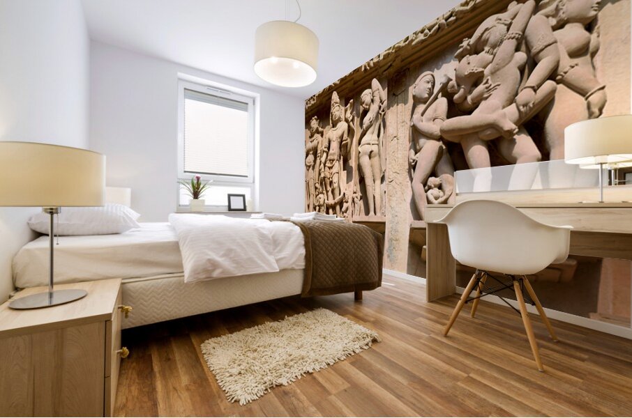 Hindu temples in Khajuraho show ancient art of erotic sculptures Mural print