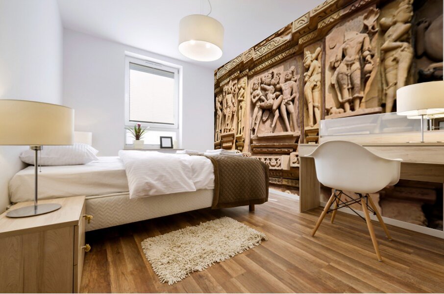 Hindu erotic temples in Khajuraho Madhya Pradesh showcase sculp Mural print