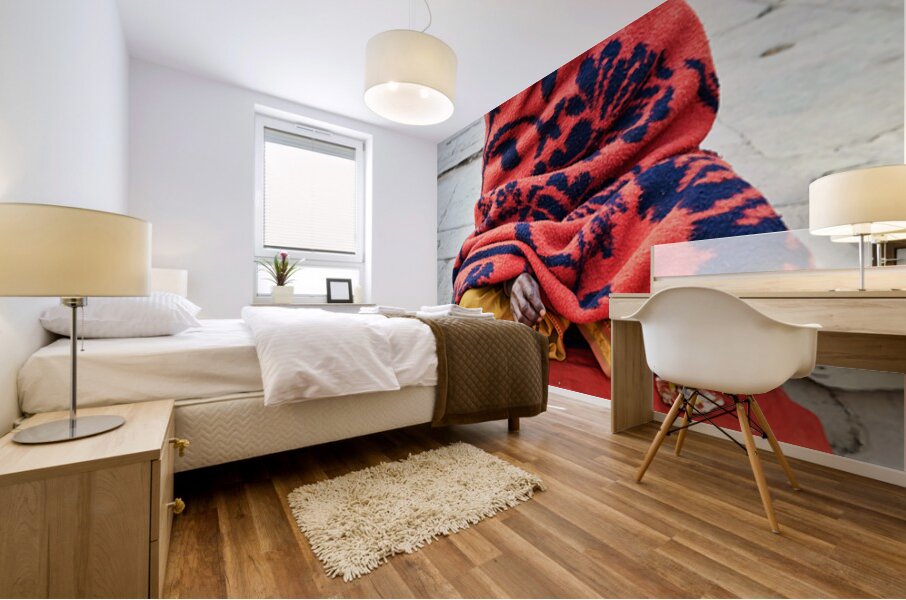 Holy man sadhu sits with offerings in Varanasi Uttar Pradesh Mural print