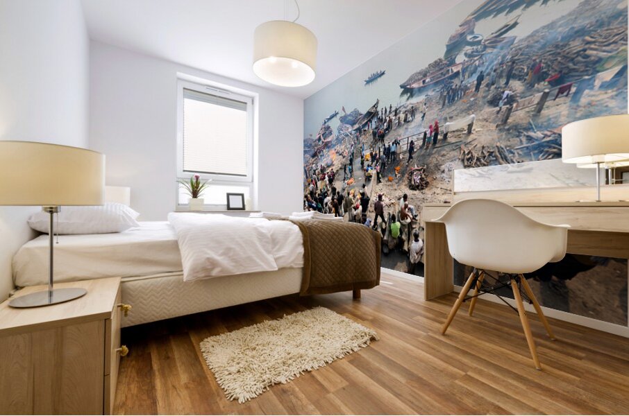 Cremation rites by the river Ganges in Varanasi India Mural print