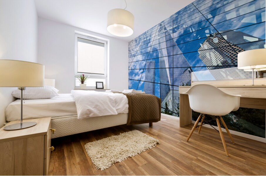 Reflections of one world trade center in manhattan Mural print