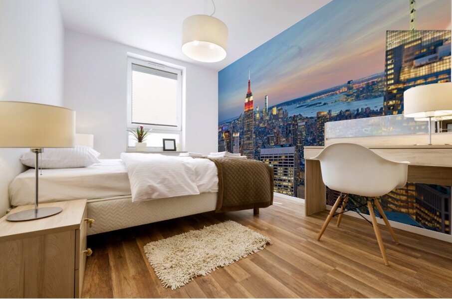 Manhattan aerial view showing Empire State Building at sunset Mural print