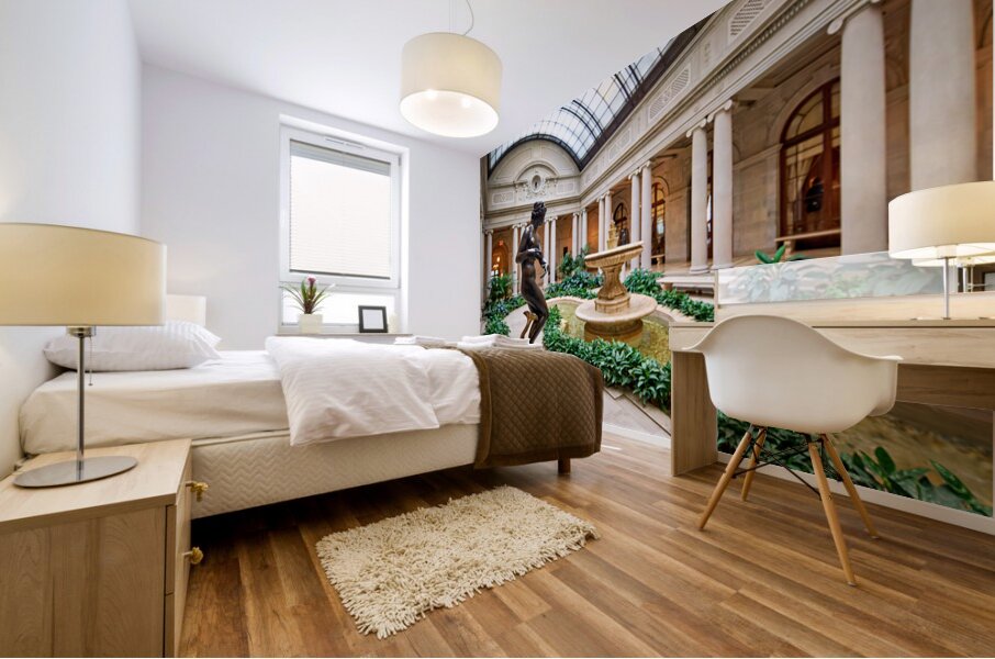 Visitors explore the courtyard at the Frick Collection in Manhat Mural print